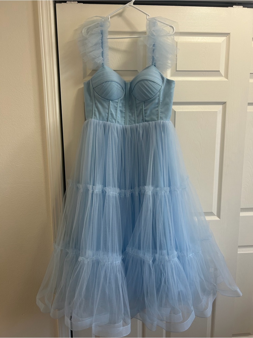 Light Blue Tulle Corset Chemise with Ruffled Straps